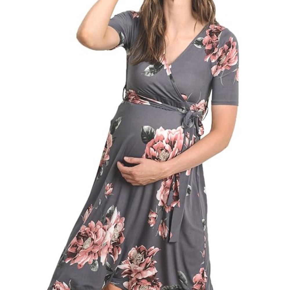 Women's Maternity Wrap Dress Midi Length with Waist Belt